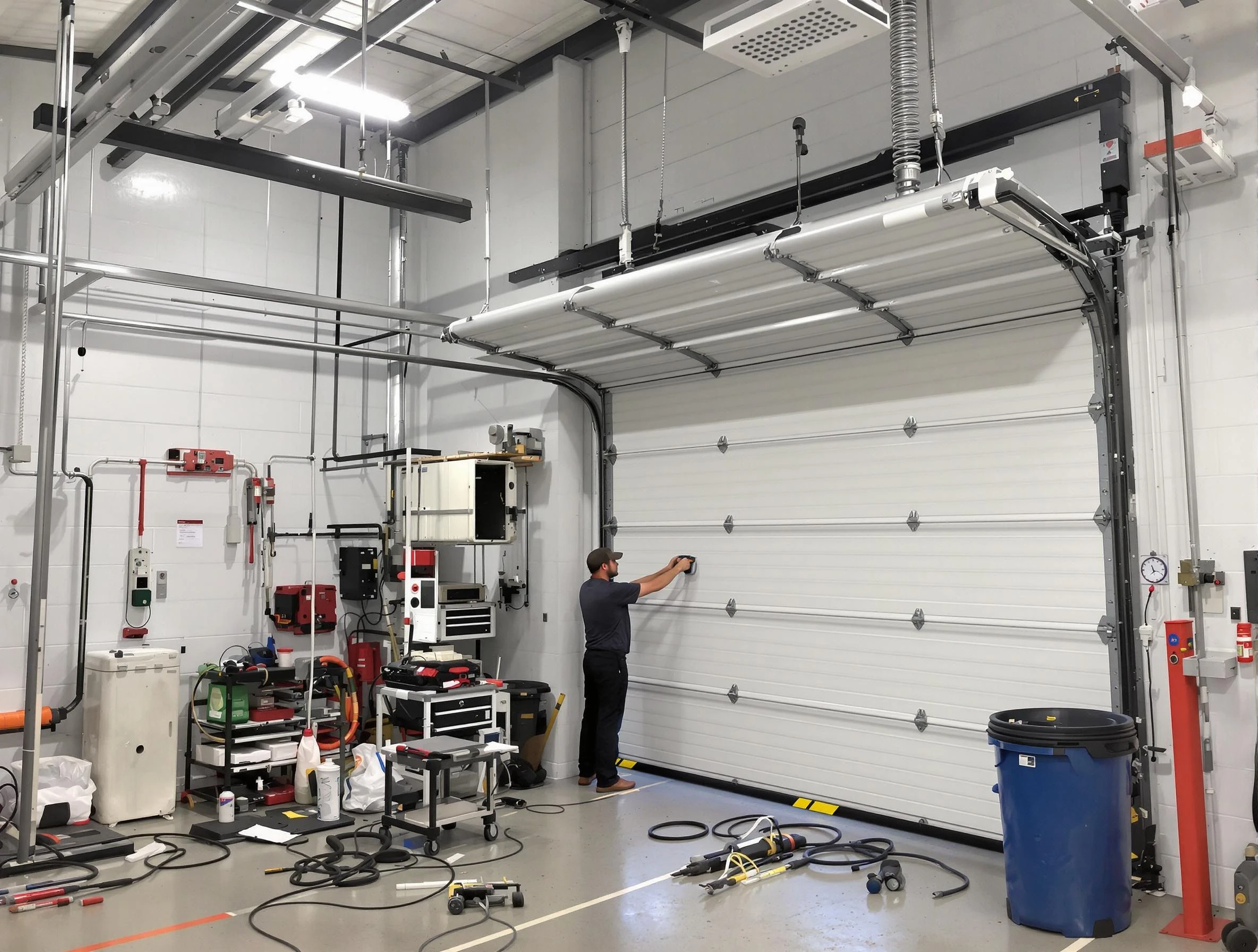 North Ogden Garage Door Repair certified technician performing commercial door repair at a North Ogden business facility