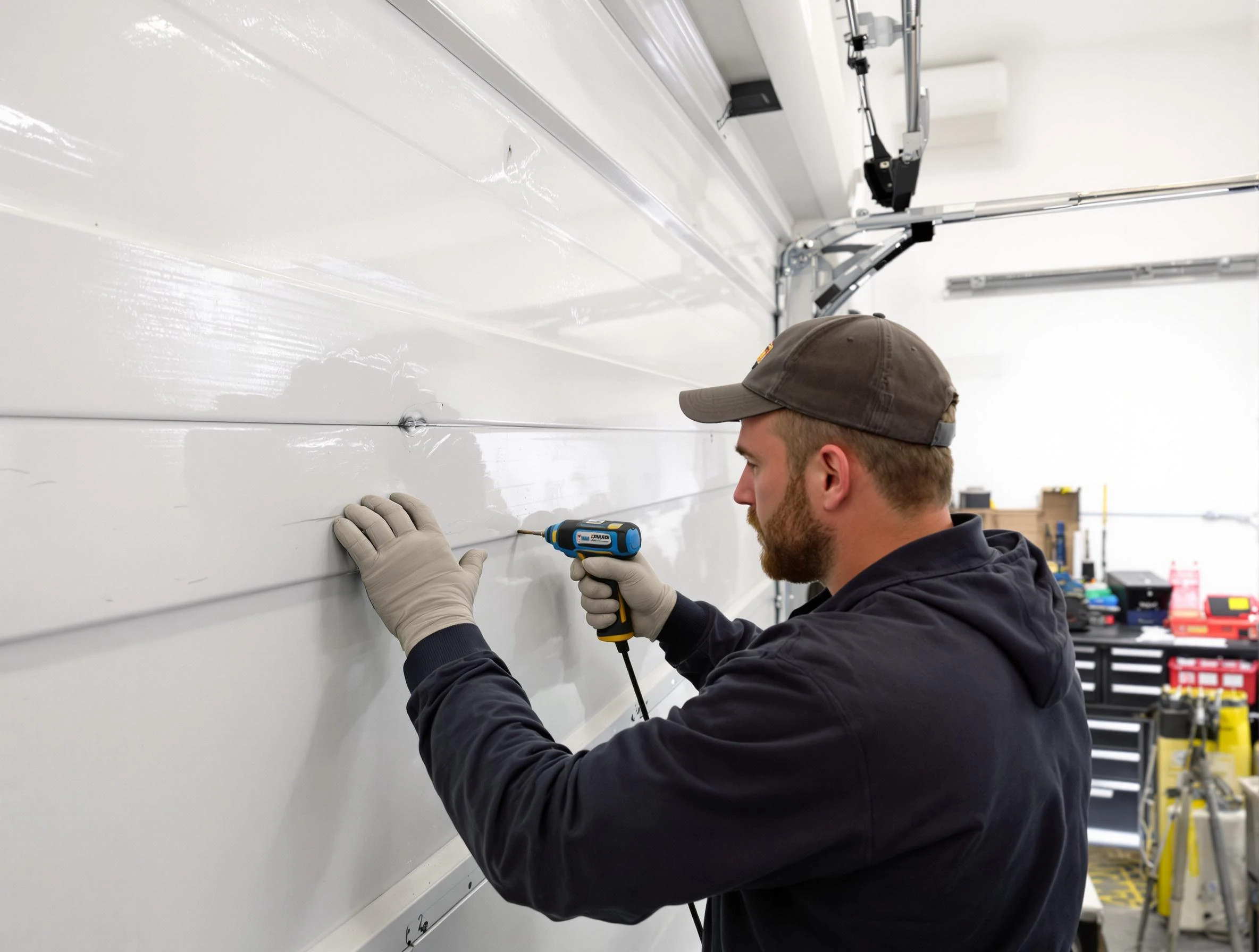 North Ogden Garage Door Repair technician demonstrating precision dent removal techniques on a North Ogden garage door